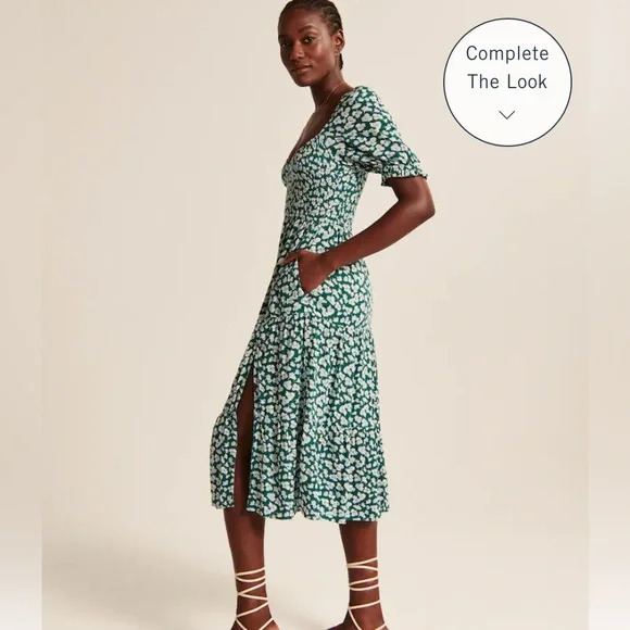 Abercrombie & Fitch Women’s Green Floral Print Short-Sleeve Smocked Midi Dress - Picture 2 of 10